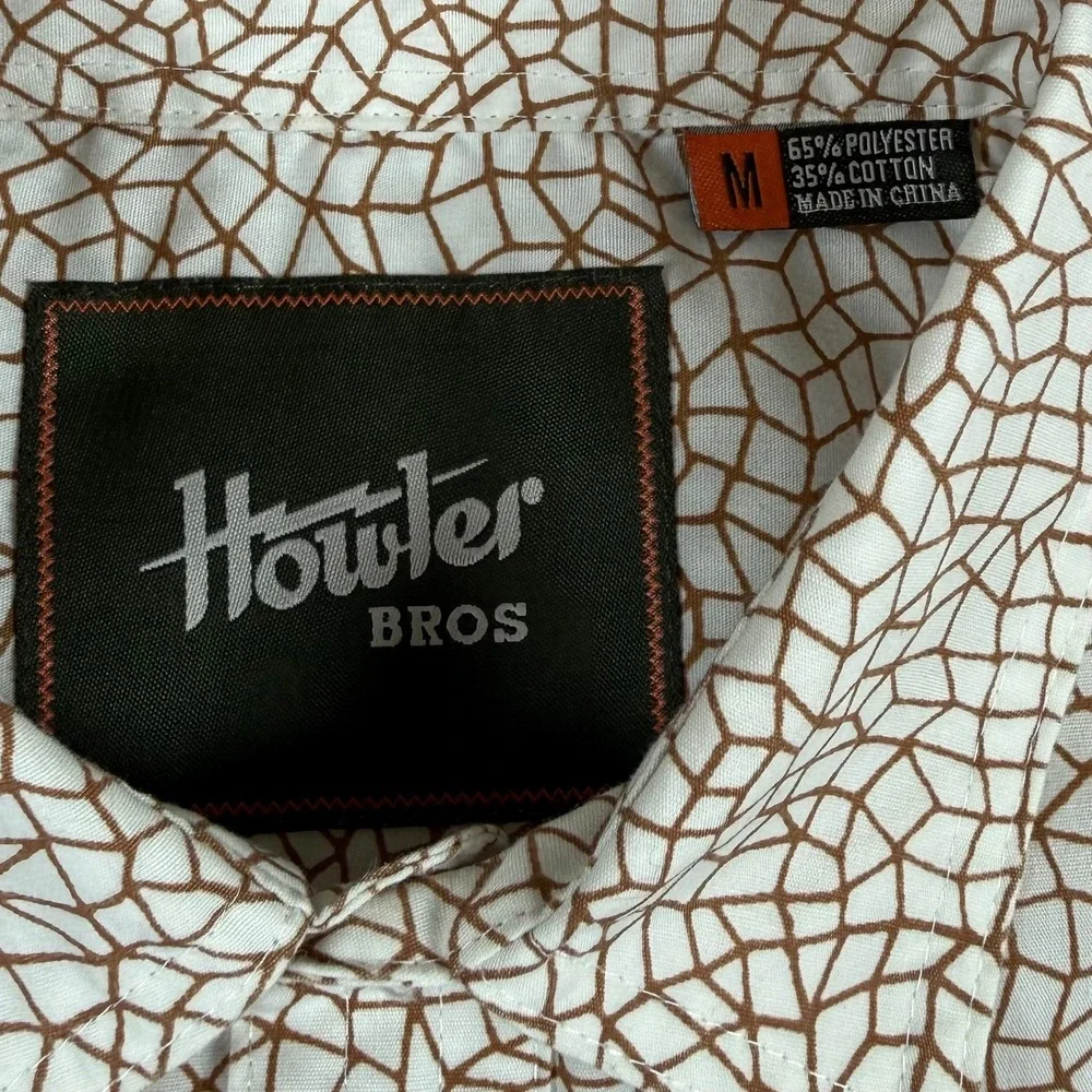Howler Bros Mens Medium White Brown Geometric Short Sleeve Button Up Shirt